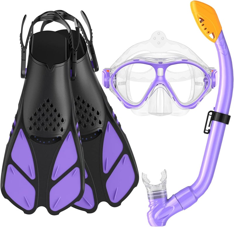 Seovediary Kids Snorkel Set, Mask Fins Snorkeling Gear for Kids Anti-Fog Swim Goggles 180 Panoramic View Dry Top Snorkel and Dive Flippers Combo with Travel Bag for Snorkeling Training Swimming Diving - Image 1